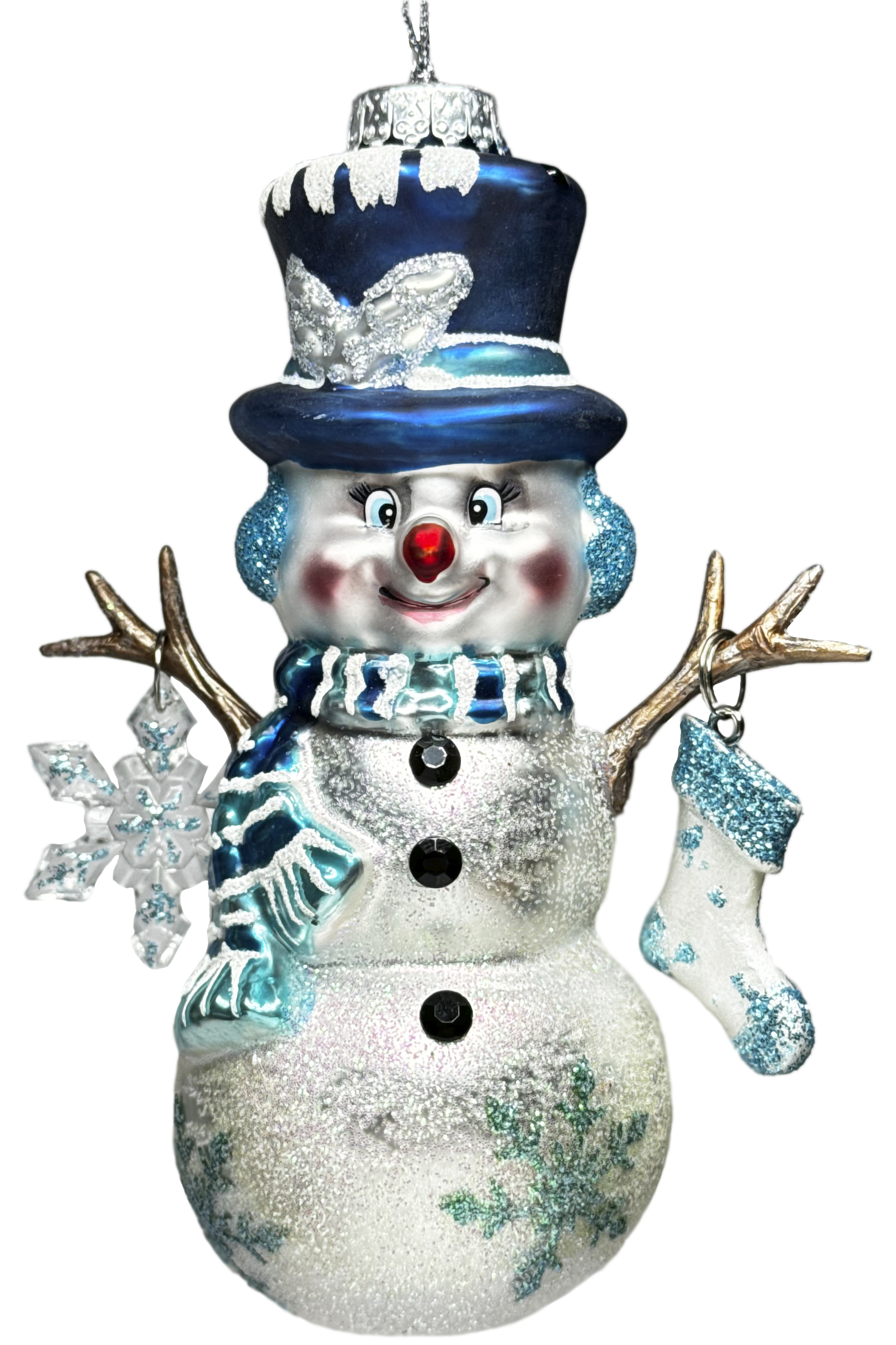 Снеговик руки-веточки рождественский в голубом цилиндре GLT562